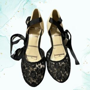 Elle Sz. 8 Ribbon Lace Up Ankle Blk Lace Closed Toe 3.5" Jute Wedge Heel